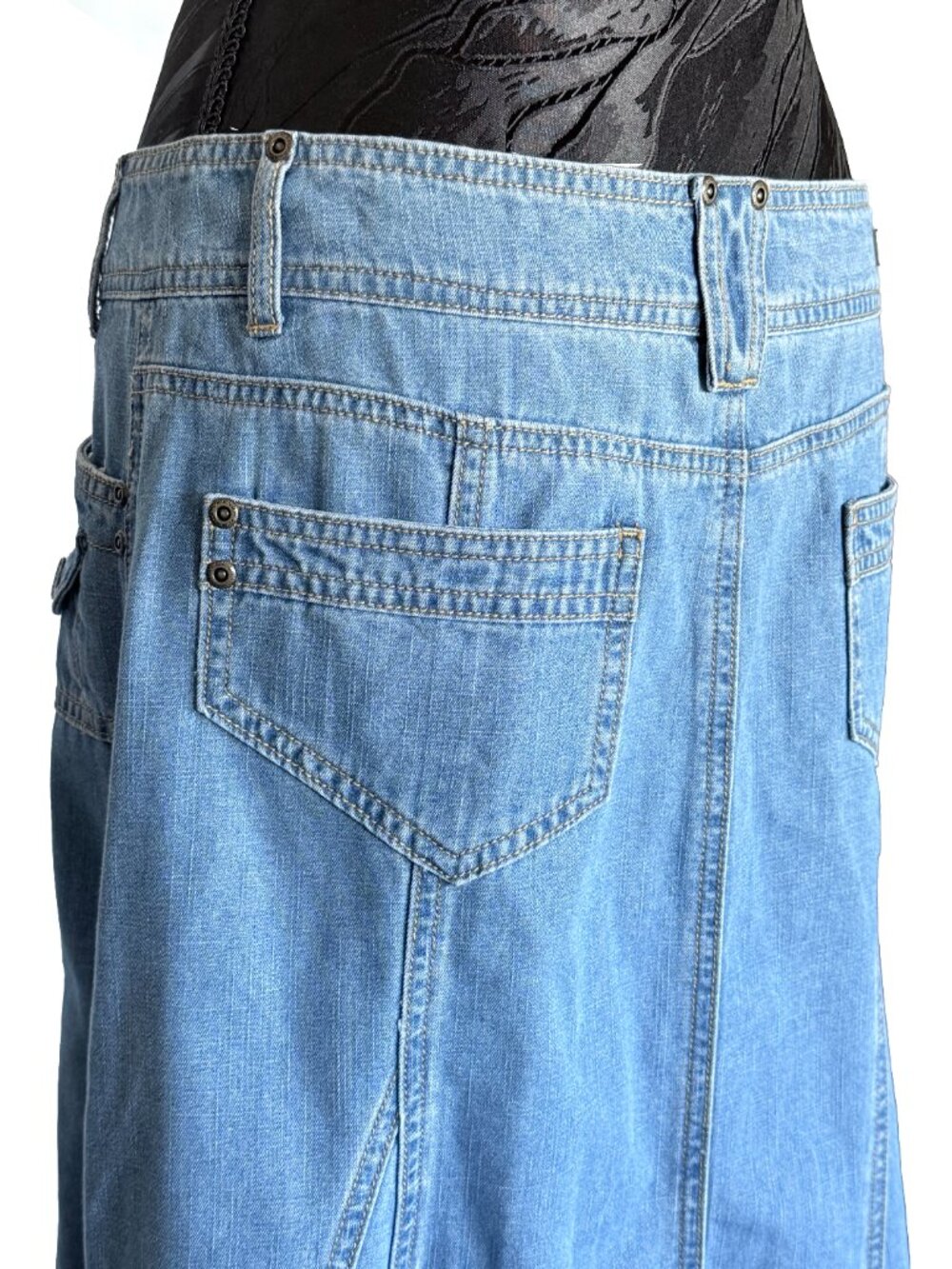 Ghanda Vintage Utility Denim Maxi Skirt - Paneled Boho A-Line Light Wash - Picture 7 of 13